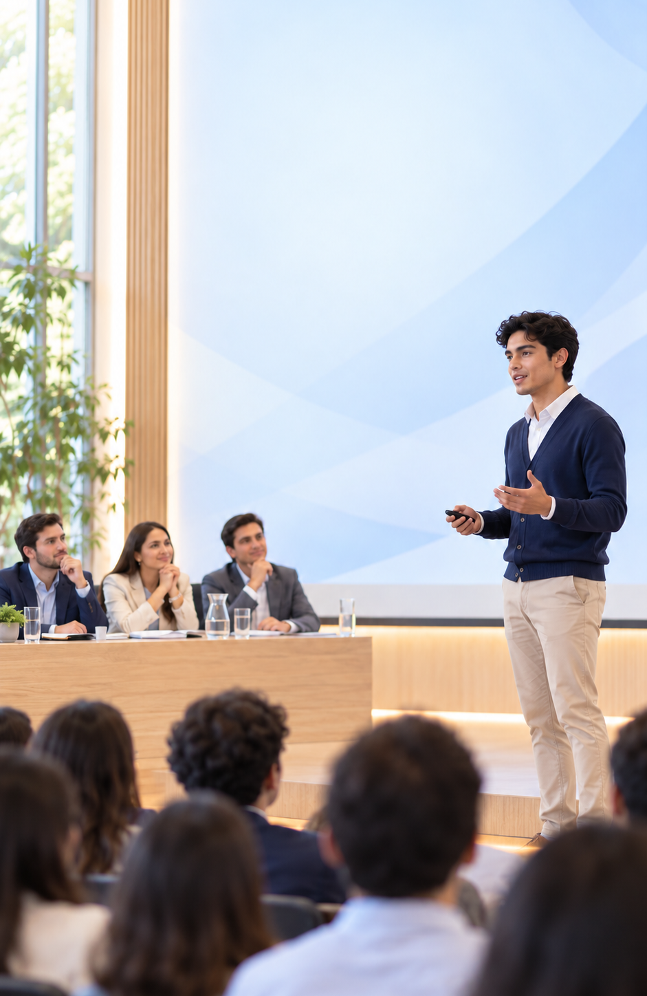 Estudiante exponiendo ante un jurado en un auditorio